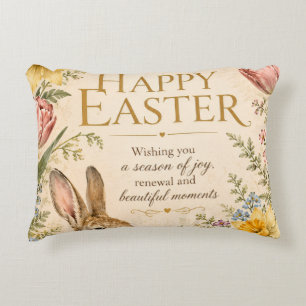 Vintage Easter Bunny Greeting Garden flowers Accent Pillow