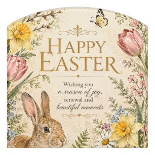 Vintage Easter Bunny Greeting Garden flowers Door Sign