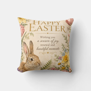 Vintage Easter Bunny Greeting Garden flowers Throw Pillow