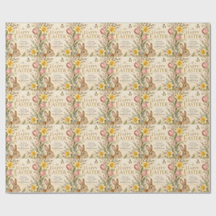 Vintage Easter Bunny Greeting Garden flowers Wrapping Paper
