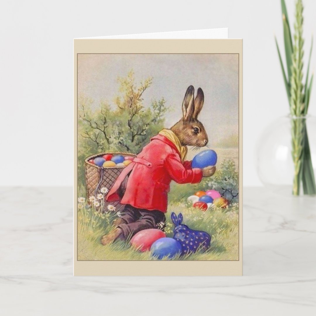 Vintage Easter Bunny Hiding Eggs Holiday Card Zazzle