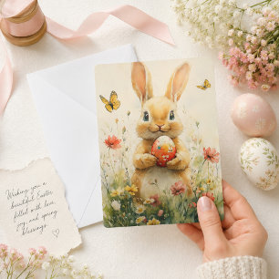 Vintage Easter Bunny Holding Egg in Wildflowers Holiday Card