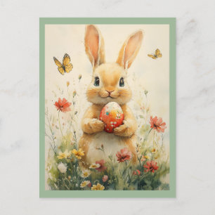 Vintage Easter Bunny Holding Egg in Wildflowers Holiday Postcard