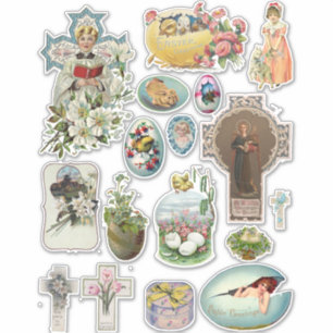 Vintage Easter Bunny Kids Animals Crosses Art  Sticker