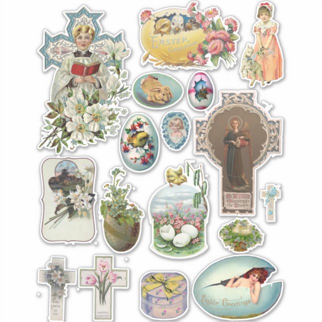 Vintage Easter Bunny Kids Animals Crosses Art  Sticker (Front)