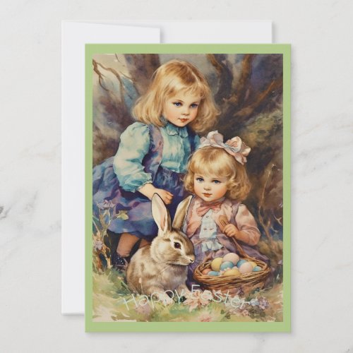 Vintage  Easter Bunny Kids Green Holiday Card