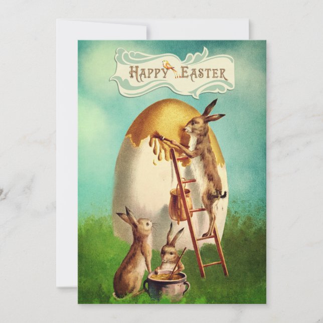 Vintage Easter Bunny Painting A Egg  Holiday Card (Front)