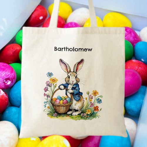 Vintage Easter Bunny Personalized Name Egg Hunt Tote Bag