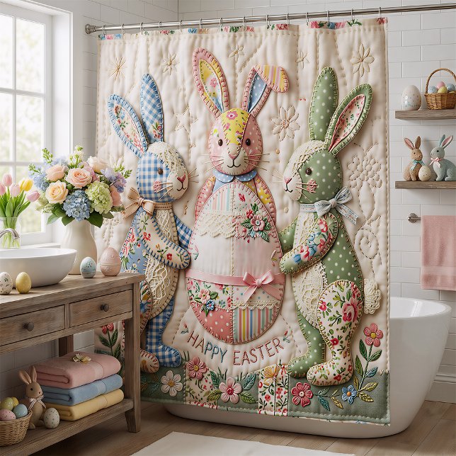 Vintage Easter Bunny Quilted Style Print Shower Curtain (Creator Uploaded)