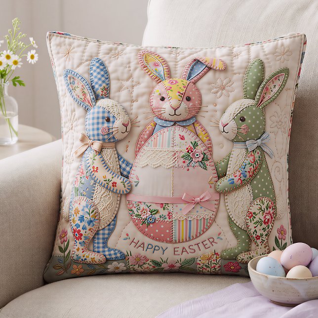 Vintage Easter Bunny Quilted Style Print Throw Pillow (Creator Uploaded)