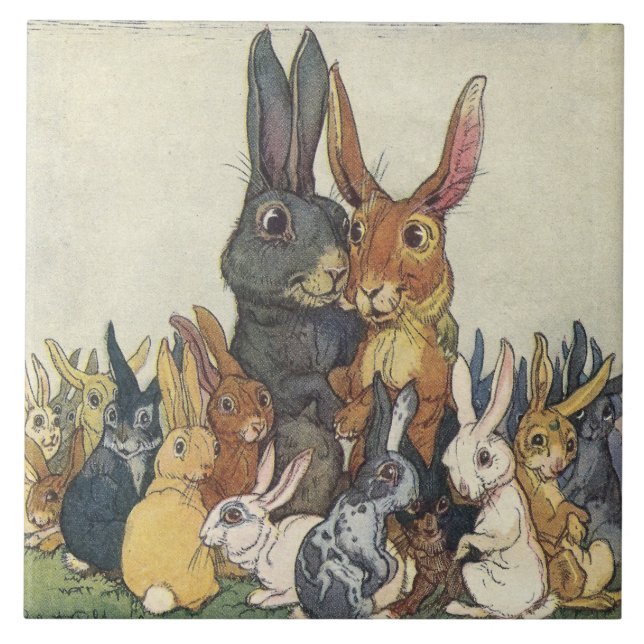 Vintage Easter Bunny Rabbit and Family 6" Tile (Front)