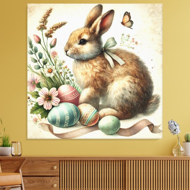 Vintage Easter Bunny Rabbit Egg Watercolor Canvas Print (Insitu(LivingRoom))