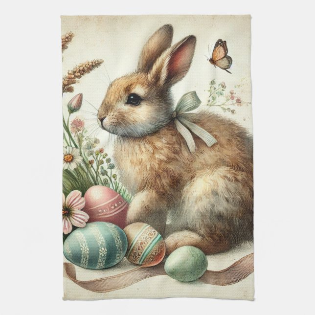 Vintage Easter Bunny Rabbit Egg Watercolor Kitchen Towel (Vertical)