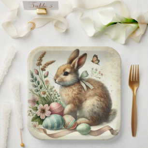 Vintage Easter Bunny Rabbit Egg Watercolor Paper Plates