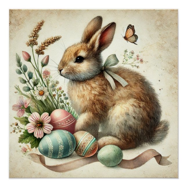 Vintage Easter Bunny Rabbit Egg Watercolor Poster (Front)