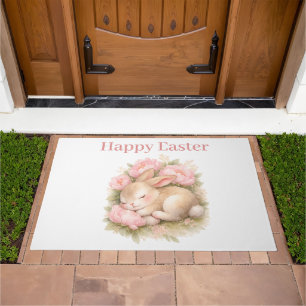 Vintage Easter Bunny Rabbit Pink Blush Watercolor Doormat