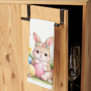 Vintage Easter Bunny Rabbit Pink Blush Watercolor Kitchen Towel