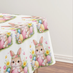 Vintage Easter Bunny Rabbit Pink Watercolor Tablecloth