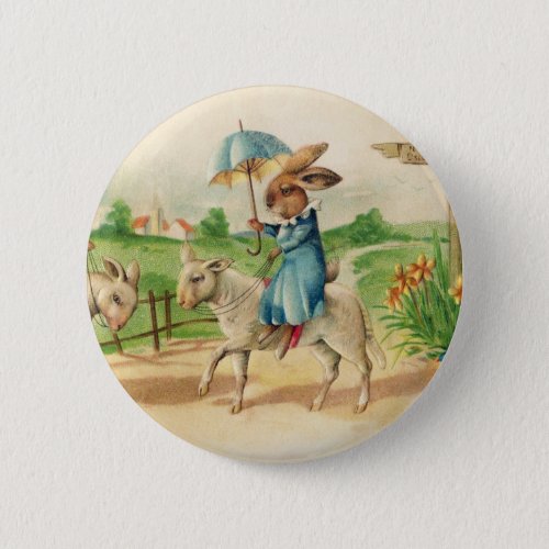 Vintage Easter Bunny Rabbit Riding Lambs Greetings Button