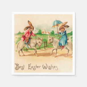 Vintage Easter Bunny Rabbit Riding Lambs Greetings Napkins