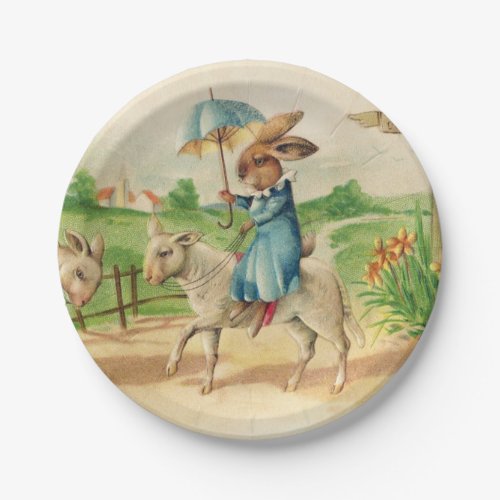 Vintage Easter Bunny Rabbit Riding Lambs Greetings Paper Plates