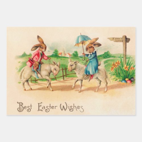 Vintage Easter Bunny Rabbit Riding Lambs Greetings Wrapping Paper Sheets