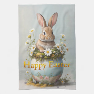 Vintage Easter Bunny with daisies Kitchen Towel