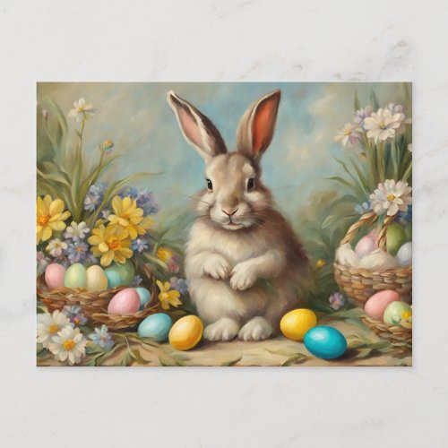 Vintage Easter Bunny with Easter Baskets Flowers  Holiday Postcard