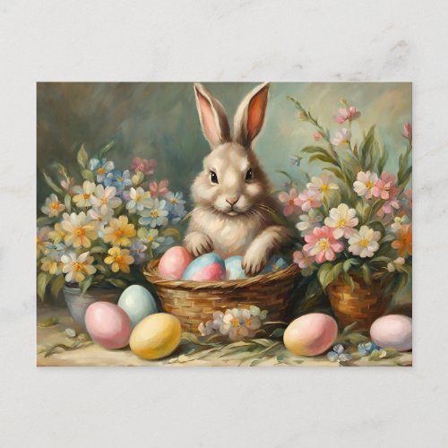 Vintage Easter Bunny with Easter Eggs and Flowers  Holiday Postcard