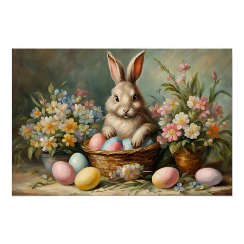Vintage Easter Bunny with Easter Eggs and Flowers  Poster