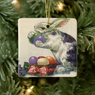 Vintage Easter Bunny with Easter Eggs in a Basket Ceramic Ornament