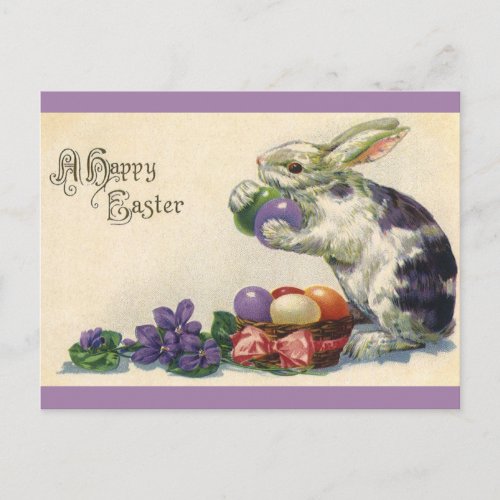 Vintage Easter Bunny with Easter Eggs in a Basket Holiday Postcard