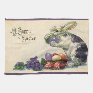 Vintage Easter Bunny with Easter Eggs in a Basket Kitchen Towel