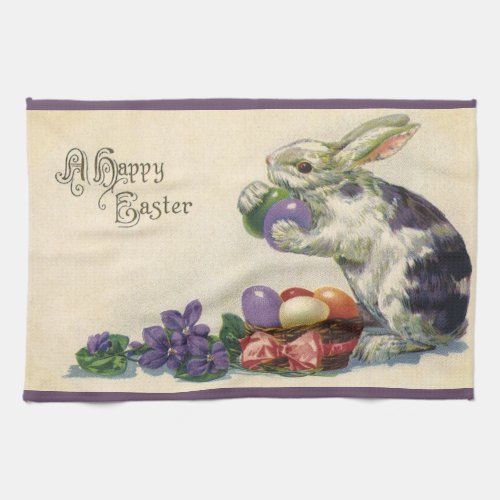 Vintage Easter Bunny with Easter Eggs in a Basket Kitchen Towel