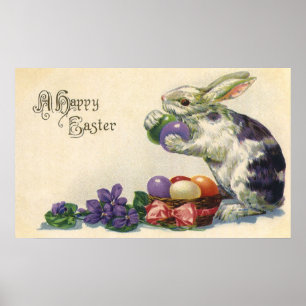 Vintage Easter Bunny with Easter Eggs in a Basket Poster