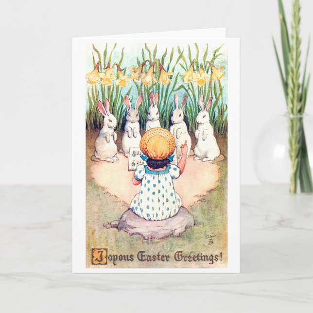 Vintage Easter Bunny with Girl Card (Front)