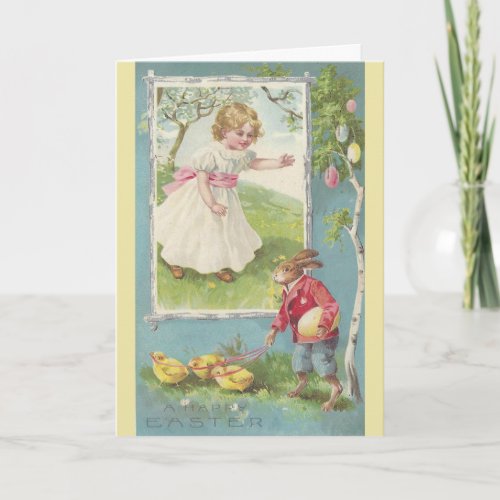 Vintage Easter Bunny with Little Girl Holiday Card