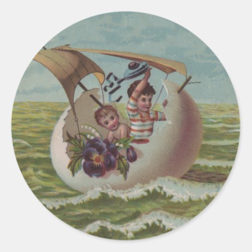 Vintage Easter Card Children Sailing Classic Round Sticker