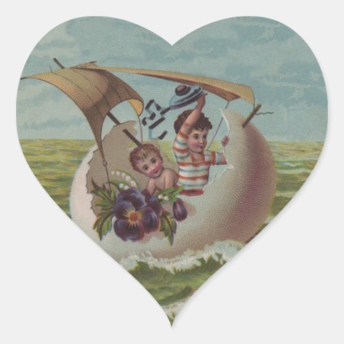 Vintage Easter Card Children Sailing Heart Sticker