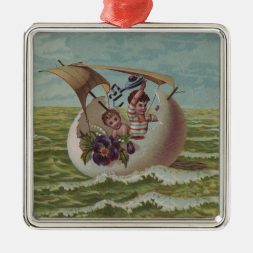 Vintage Easter Card Children Sailing Metal Ornament