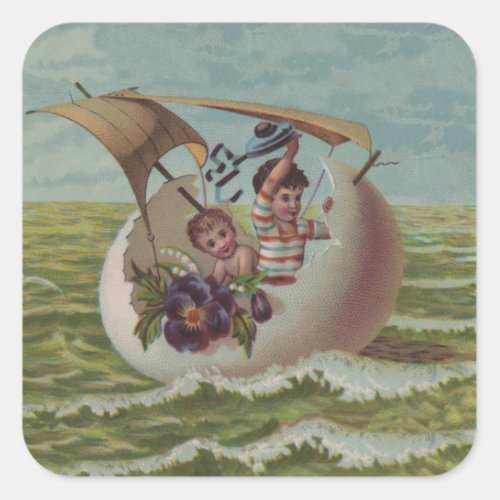 Vintage Easter Card Children Sailing Square Sticker