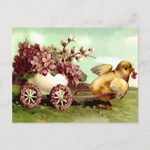 Vintage Easter Chick and Flower Wagon Holiday Postcard