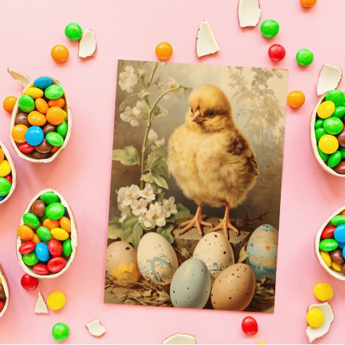 Vintage Easter Chick Basket  Postcard