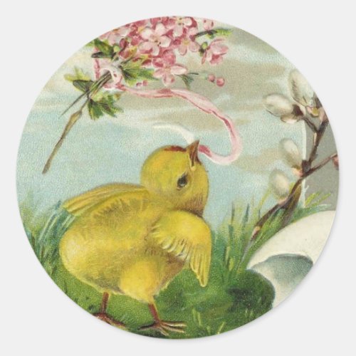 Vintage Easter Chick with Flowers Classic Round Sticker