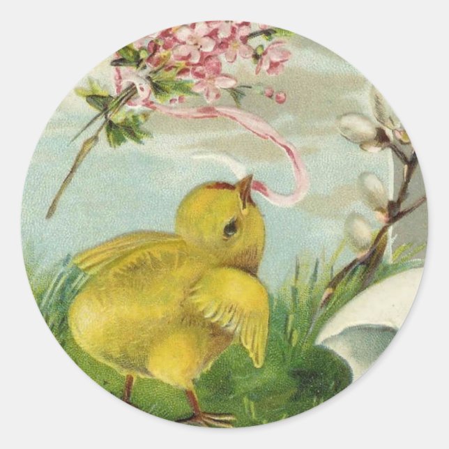 Vintage Easter Chick with Flowers Classic Round Sticker (Front)