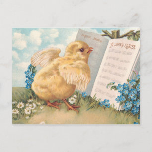 Vintage Easter Chick with Music and Flowers Holiday Postcard
