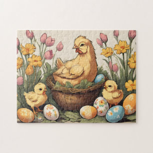 Vintage Easter Chicken Family in Spring Garden Jigsaw Puzzle