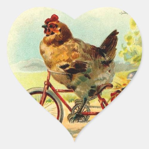 Vintage Easter Chicken on a Bicycle Heart Sticker
