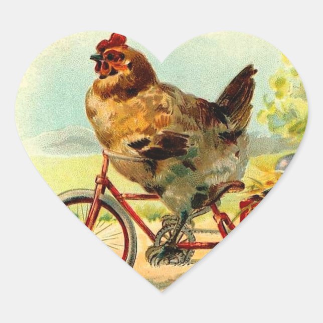 Vintage Easter Chicken on a Bicycle Heart Sticker (Front)