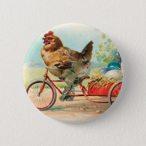 Vintage Easter Chicken Riding a Bicycle Easter Egg Button